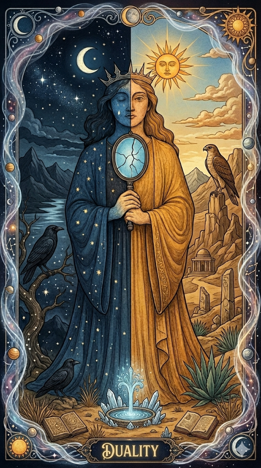 Duality: Esta carta nos muestra dos partes del espíritu: dormido en luna y despierto en sol; y de cómo otros pueden llegar a ser un espejo para entendernos mejor a nosotros mismos.