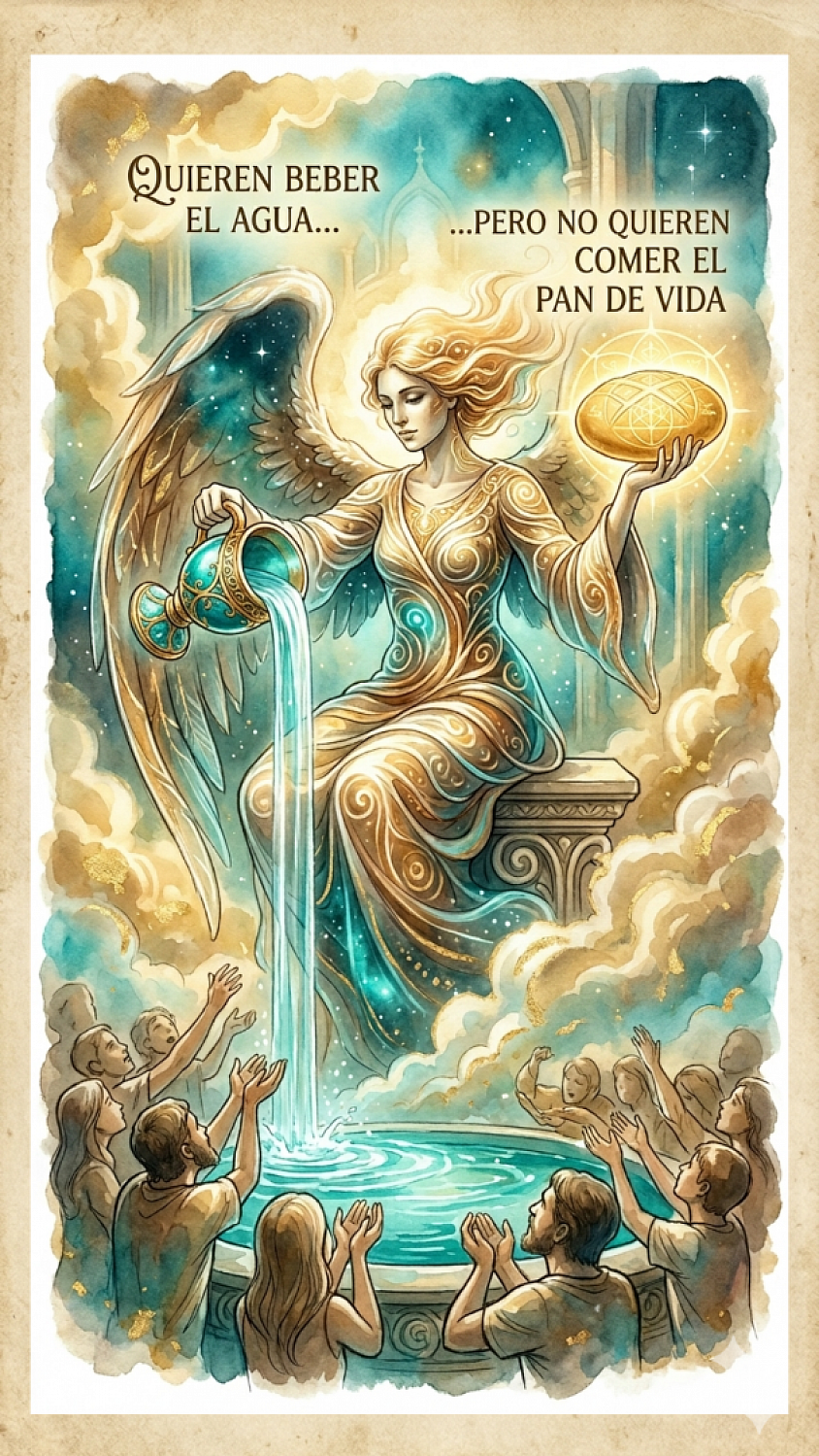 El ángel del agua y el pan de vida: El pan representa el verbo de Dios y el agua es el amor y la luz que ilumina al mundo proporcionado por Dios a través de quién lo encarna.