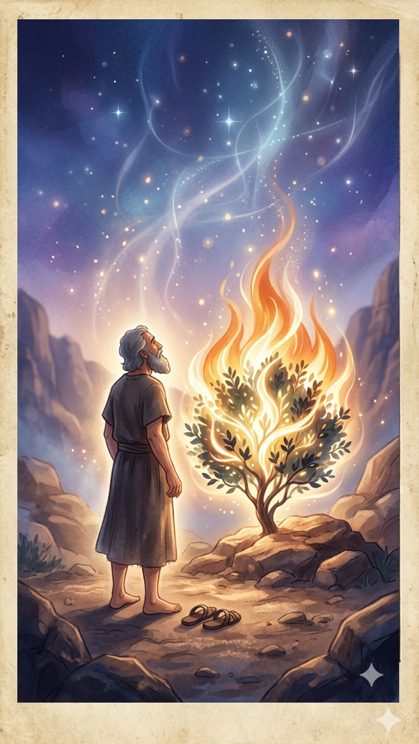 Moisés hablando con Dios en la zarza: Esta carta enmarca uno de los momentos más importantes de la historia religiosa y revela la presencia de Dios en modo de fuego sagrado.