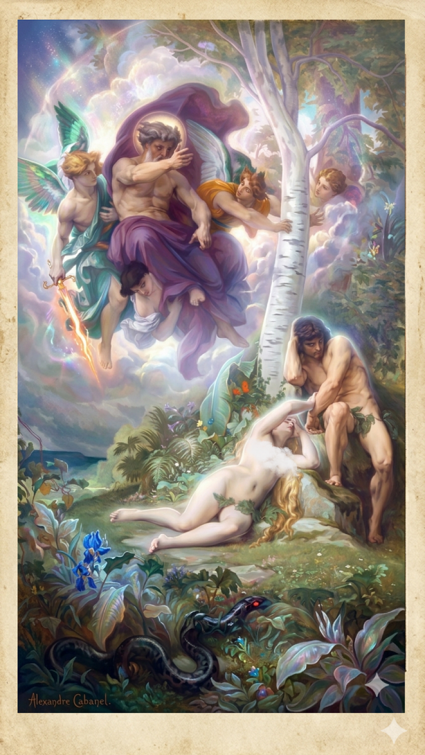 La expulsión del Edén de Cabanel: Está carta revela el origen de la creación: muestra a Lilith semejante a Venus y a Adán siendo señalados, también se encuentra Baal y la serpiente que representa al adversario.