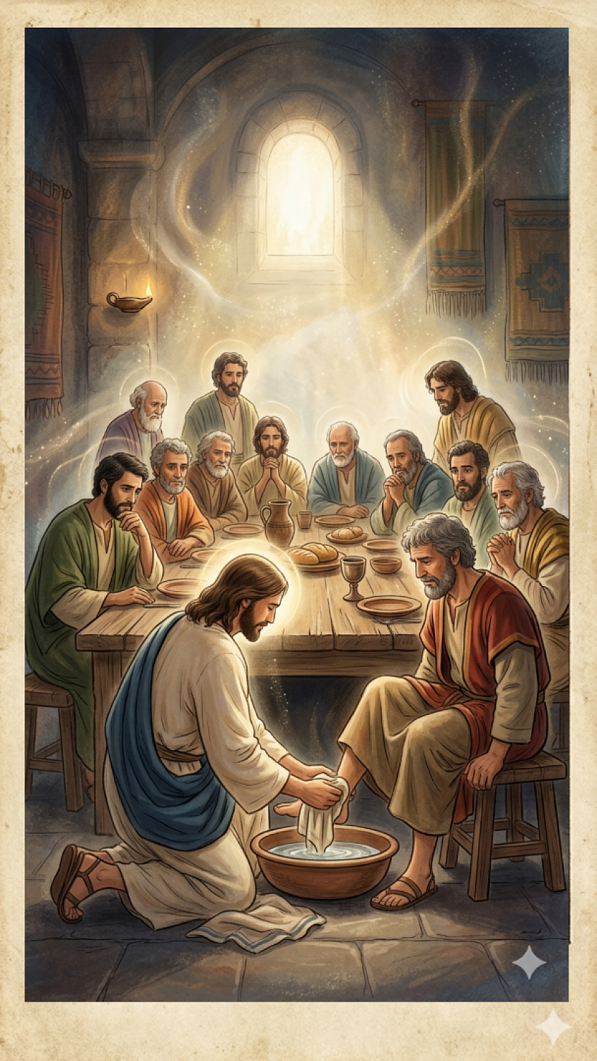 Jesús fusionándose con sus discípulos: Esta carta representa el momento en el que Jesús se fusionó con sus discípulos almicamente mientras les lavaba los pies.