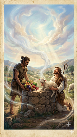 Caín y Abel entregando sus ofrendas a Dios