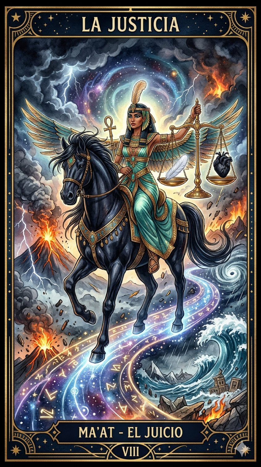 Maat el ángel de la justicia: Esta carta es una representacion de Maat y el caballo negro del apocalipsis cuya esencia es la misma.