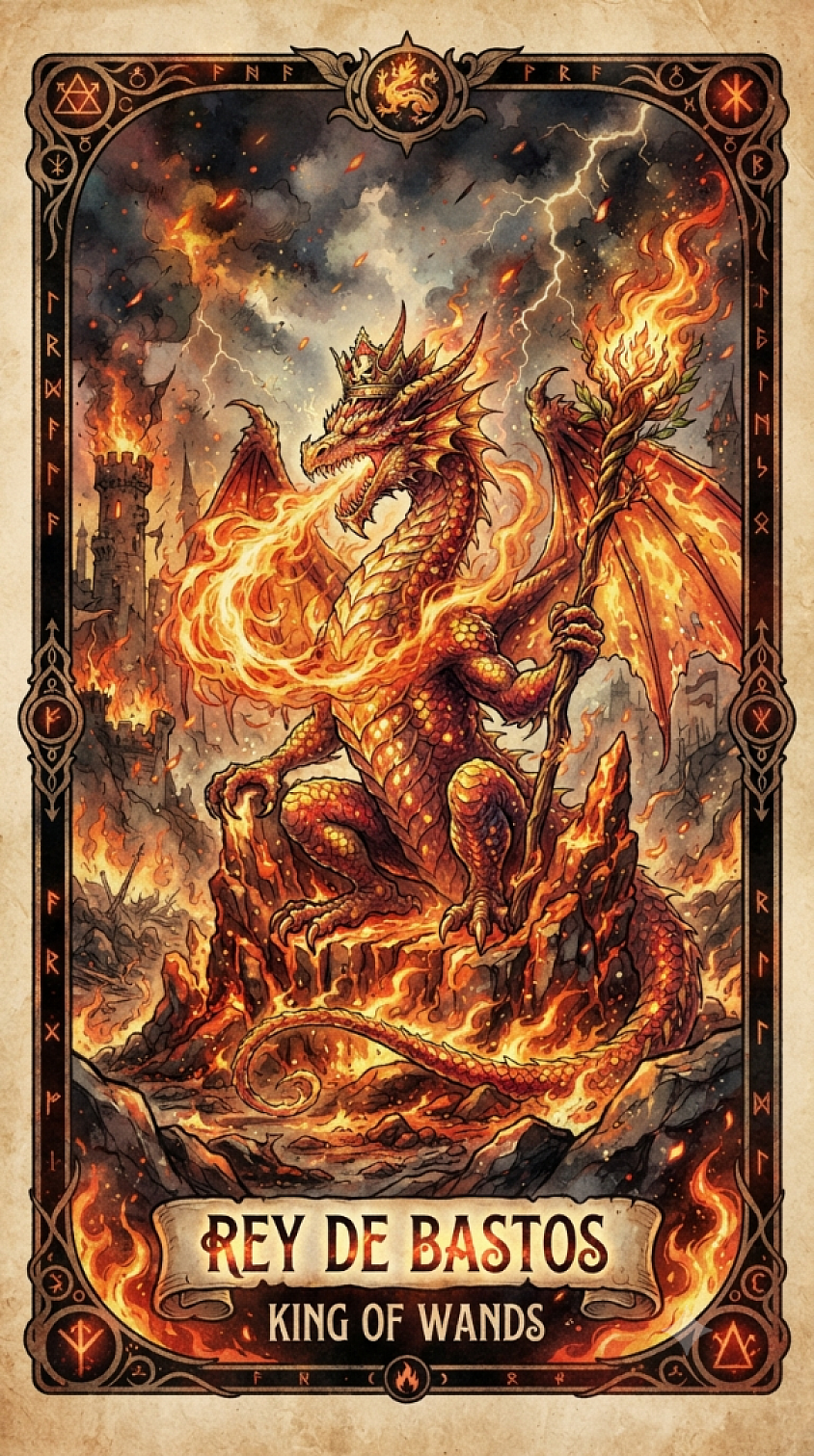 Rey de Bastos invertido representando al enemigo de Dios consumido en el fuego eterno