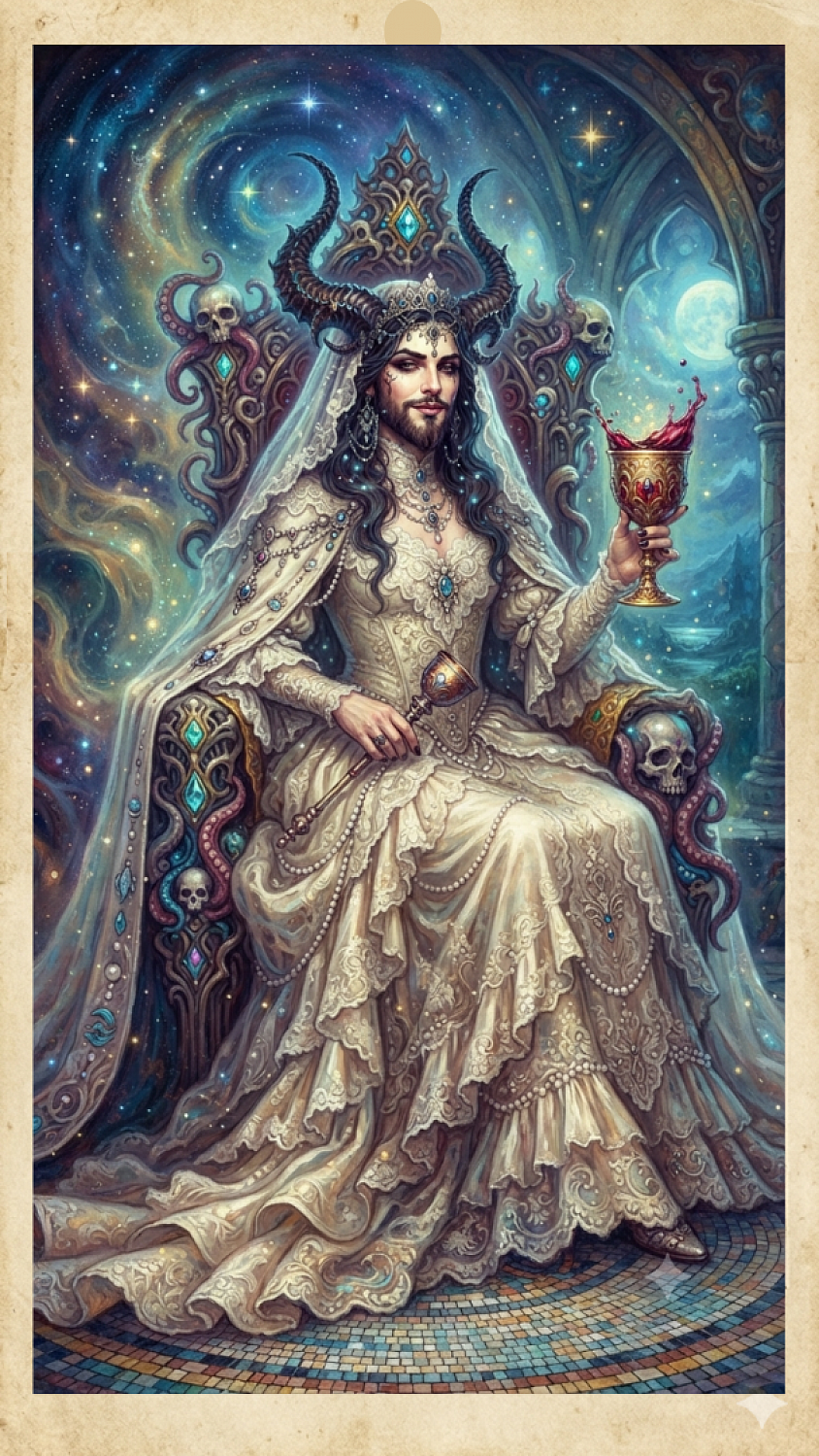 El rey de copas emperatriz se disfraza de mujer para robarse la abundancia de todos y destruir el amor real en la tierra.