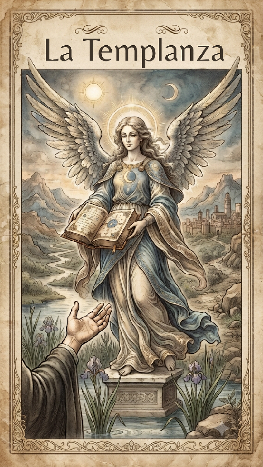 La templanza es el ángel de Yahveh que tiene en la mano un librito abierto mencionado en el apocalipsis.