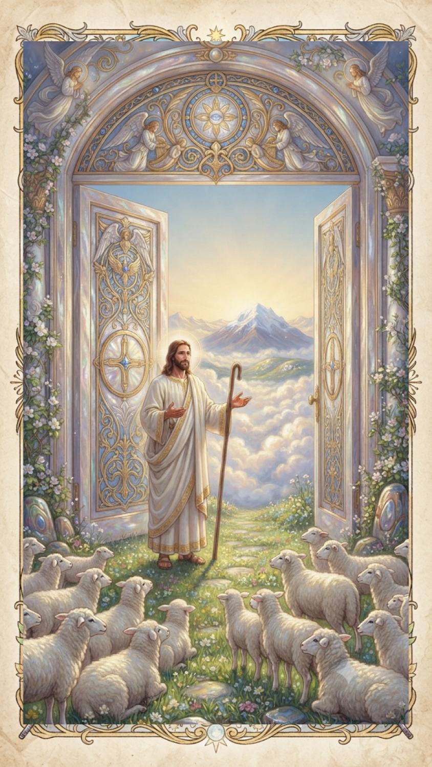 Jesús anunciando a sus ovejas que él es la puerta al cielo y a la vida eterna